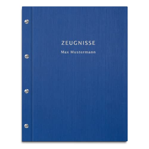 Personalisierte Zeugnismappe in blauer Leinenoptik – mit 30 Hüllen für DIN-A4 Dokumente – 2-zeiliger Wunschtext als Prägung von Kopierladen Karnath GmbH