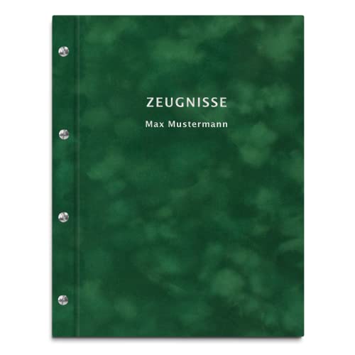 Personalisierte Zeugnismappe in grüner Samtoptik – mit 30 Hüllen für DIN-A4 Dokumente – 2-zeiliger Wunschtext als Prägung von Kopierladen Karnath GmbH