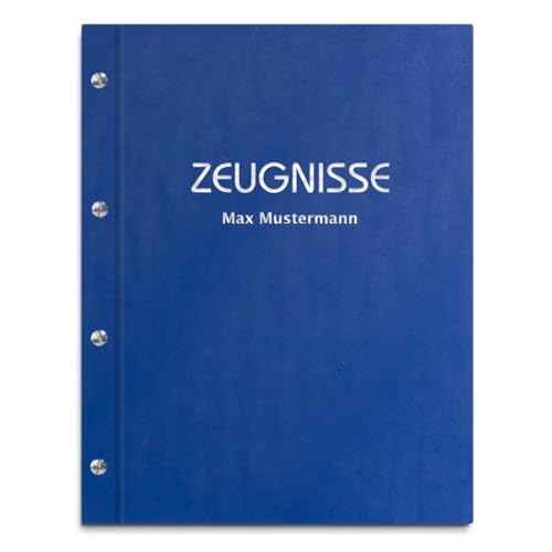 Personalisierte Zeugnismappe mit eigenem Namen in blauer Lederoptik – inkl. 12 Sichthüllen – Handgefertigte Mappe für Zeugnisse und Urkunden von Kopierladen Karnath GmbH