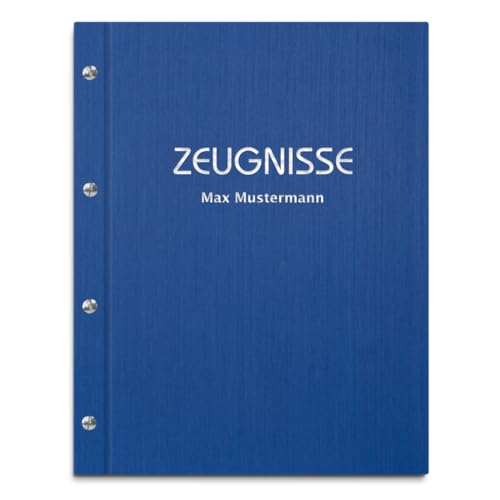 Personalisierte Zeugnismappe mit eigenem Namen in blauer Leinenoptik – inkl. 12 Sichthüllen – Handgefertigte Mappe für Zeugnisse und Urkunden von Kopierladen Karnath GmbH