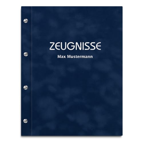 Personalisierte Zeugnismappe mit eigenem Namen in blauer Samtoptik – inkl. 12 Sichthüllen – Handgefertigte Mappe für Zeugnisse und Urkunden von Kopierladen Karnath GmbH