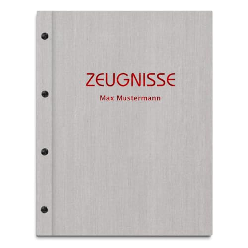 Personalisierte Zeugnismappe mit eigenem Namen in grauer Leinenoptik – inkl. 12 Sichthüllen – Handgefertigte Mappe für Zeugnisse und Urkunden von Kopierladen Karnath GmbH