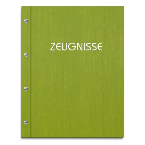 Zeugnismappe im grünen Einband in Leinenoptik mit Prägedruck in verschiedenen Farben – handgefertigte Mappe inkl. 12 Sichthüllen von Kopierladen Karnath GmbH