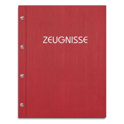 Zeugnismappe im roten Einband in Leinenoptik mit Prägedruck in verschiedenen Farben – handgefertigte Mappe inkl. 12 Sichthüllen von Kopierladen Karnath GmbH