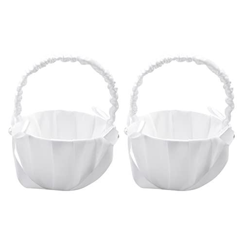 Kopinma 2 Pack Satin Blumenmädchen Korb, Elegant Verziert mit Schleifen und Perlen, Blumenmädchen Blumendeko Basket Blumenkorb Hochzeit Weiß von Kopinma