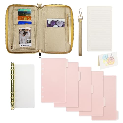 A6 Geldbörse aus PU-Leder, mit Reißverschluss, PU-Ledereinband, Notizbuch mit Reißverschluss, 45 Blatt Nachfüllpapier, A6 goldener 6-Ringbuch, 1 Set rosa Trenntaschen, Geschenkkarte für Frauen von Koqye