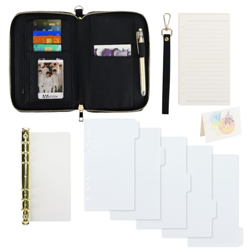 A6 Geldbörse aus PU-Leder mit Reißverschluss, PU-Leder-Einband, Notizbuch mit Reißverschluss, 45 Blatt Nachfüllpapier, A6 goldener 6-Ringbuch, 1 Set transparente Trenntaschen, Geschenkkarte für Frauen von Koqye