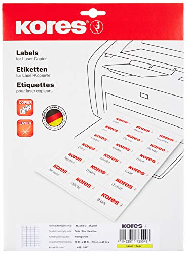 Kores Folien Etiketten transparent Laser+Kopierer 45,7 x 21,2mm 10 Blatt 480 Etiketten, reißfest, wasserfest, abwaschbar, L4521.10FT von Kores