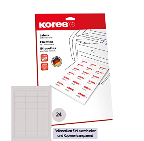 Kores Folien Etiketten transparent Laser+Kopierer 63,5 x 33,9mm 10 Blatt 240 Etiketten reißfest, wasserfest, abwaschbar, L6333.10FT von Kores