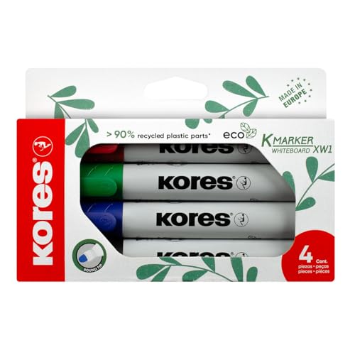 Kores Eco K-Marker XW1- Whiteboard-Marker mit Rundspitze, Set 4 Farben: schwarz, blau, rot, grün, Plastikteile aus 90% recyceltem Material von Kores