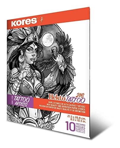 Kores - Tattoo-Papier – Hekto 216 – Transferpapier, Schablone mit violetter Tinte für Tattoo-Kit, ungiftig, Tattoo-Schablonenpapier, 21,5 x 36,8 cm, 10 Stück von Kores