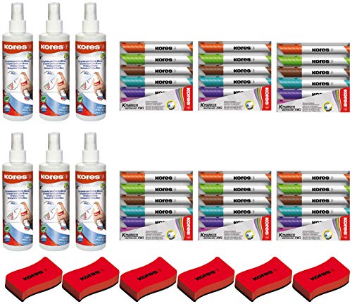 Kores Whiteboard Reiniger, Pump-Spray-Flasche, 250 ml (6, Whiteboard-Reiniger + Löscher + 6 Marker) von Kores