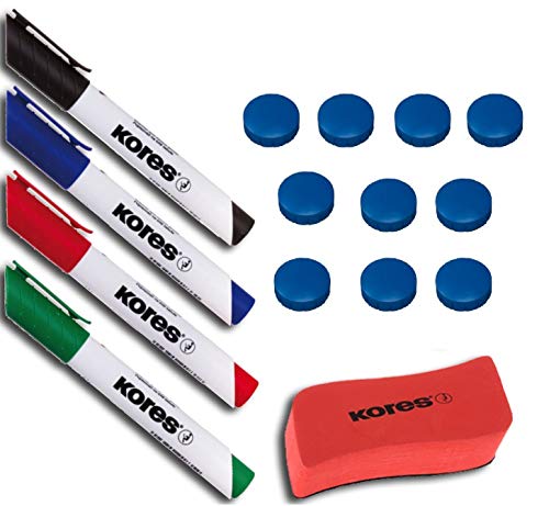 Kores WhiteboardMarker Starter Set, 4 Marker Rundspitze + Tafellöscher M20864 + 10 Rundmagnete von Kores