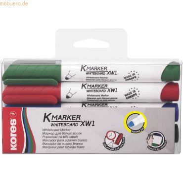 Kores Whiteboardmarker 3mm Rundspitze Set mit 4 Farben schwarz, blau, von Kores