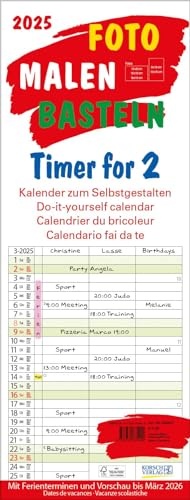 Foto-Malen-Basteln Timer for 2 2025: Familienplaner mit 3 Spalten als Bastelkalender zum Selbstgestalten. Familienkalender mit festem Bastelpapier. 19 x 50 cm von Korsch Verlag