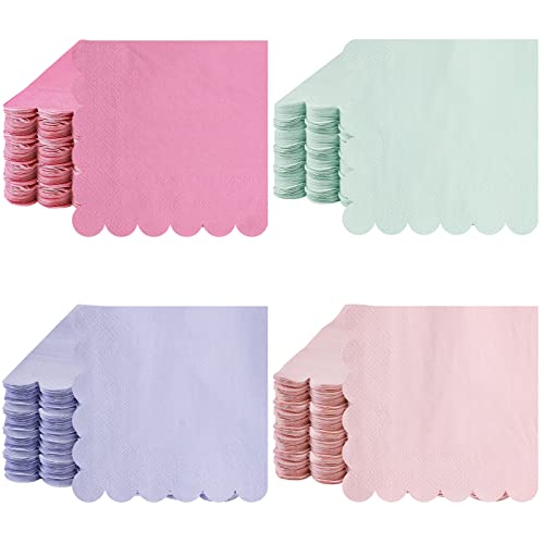 Kosiz 100 Stück Cocktail-Servietten mit gewelltem Rand, bunte Papierservietten, Einweg-Pastellservietten für Party, Hochzeit, Dusche, Baby-Getränke, Abendessen, Geburtstag, 24x24 cm, 4 Macaron-Farben von Kosiz