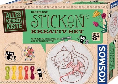 Kosmos 604691 AllesKönnerKiste Sticken Kreativ-Set, Sticken für Kinder ab 8 Jahren und Anfänger, schöne Stickbilder für Kinder, Geschenk für Mädchen und Jungen, kreatives Bastelset von Kosmos