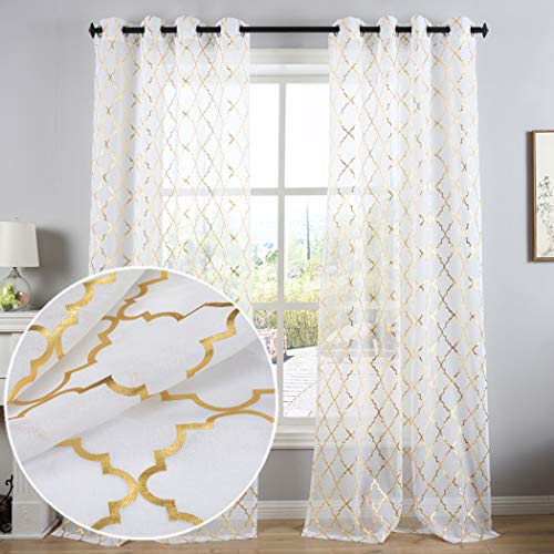 Kotile Vorhänge mit Ösen, Voile, durchscheinender Foliendruck, marokkanisches Muster, für Babyzimmer, 2 Bahnen Marokkanisch 52"x63" White Sheer - Gold Moroccan von Kotile