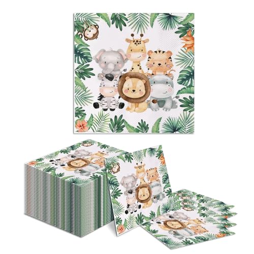 Kotkiddy® 20 Stück Servietten Kindergeburtstag,Servietten Dschungel,Party Motiv Tiere,Blätter,Grün für Waldtiere Geburtstag und servietten Tiere 33x33cm von Kotkiddy