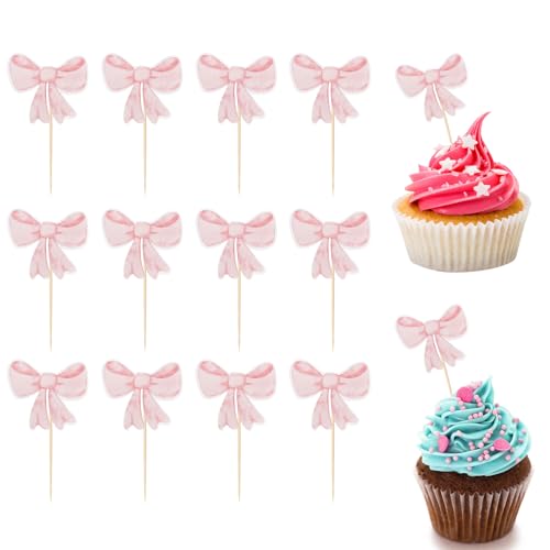 Kotkiddy 12 Stück Pink leife Cupcake Toppers - Mädchen Geburtstagsparty Dekorationen, Schleifenkrawatten Geburtstags Cupcake Toppings, Junggesellenabschluss Hochzeitsparty Deko von Kotkiddy