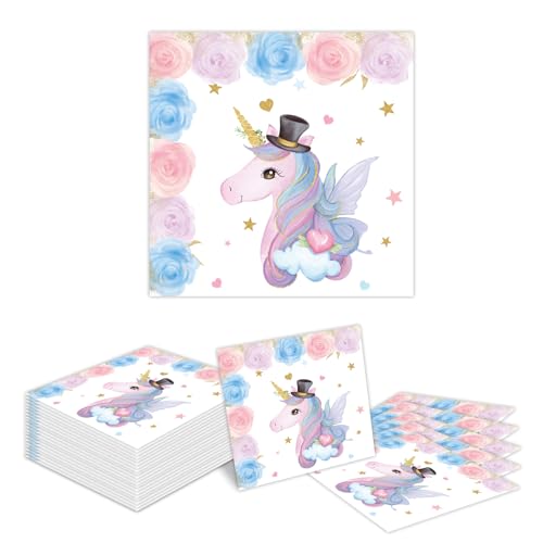 Kotkiddy 24 Stück Einhorn Servietten, Servietten Kindergeburtstag Servietten Schulanfang Einhorn Geburtstagsdeko Happy Birthday Servietten für Party Tischdeko 33x33cm von Kotkiddy