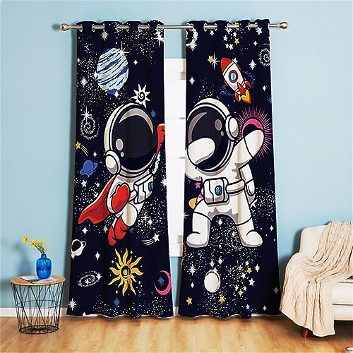 Koudi Astronauten Vorhänge Weltall Sternenhimmel Universum Muster Gardinen mit Ösen für Kinderzimmer, Babyzimmer 160 x 107cm (H × B) von Koudi