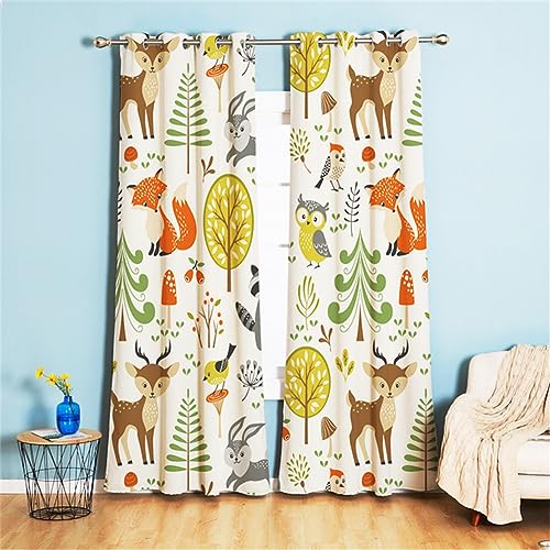 Koudi Blickdichte Vorhänge Kinderzimmer Tiere Hase Fuchs Bäume Muster Gardinen mit Ösen für Mädchenzimmer, Kinderzimmer, Babyzimmer 160 × 107cm (H × B) von Koudi