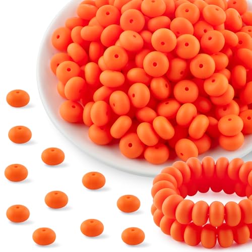 Kovict Silikon-Perlen, 14 mm, Linsenperlen für Halsketten, Armbänder, Silikon-Abstandshalter für Schlüsselanhänger und Abakus-Silikonperlen für Stifte, Basteln, Orange, 200 Stück von Kovict