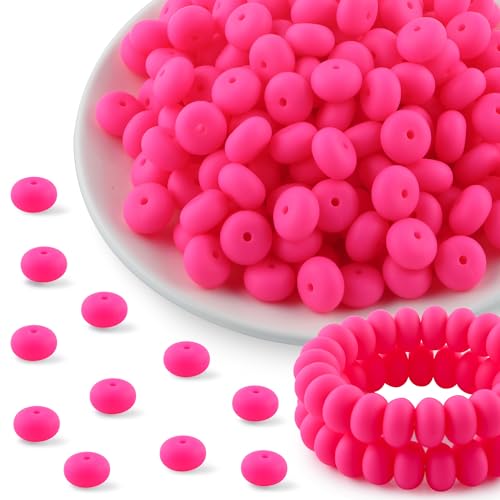 Kovict Silikon-Perlen, 14 mm, Linsenperlen für Halsketten, Armbänder, Silikon-Abstandshalter für Schlüsselanhänger und Abakus-Silikonperlen für Stifte (Hot Pink), 200 Stück von Kovict