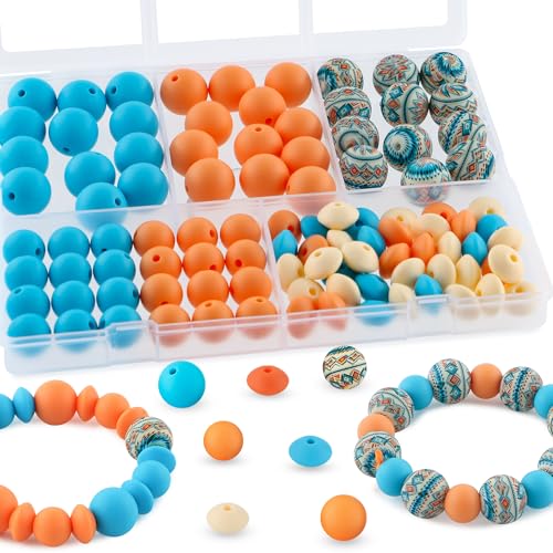 Kovict Silikonperlen für Schlüsselanhänger und Armbänder, 100 Stück, Orange / Blau, Druck-Silikonperlen, 15 mm und 12 mm, 100 Stück von Kovict