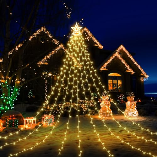 Koytoy Weihnachtsbaum Lichterkette Mit Stern 3.5m x 9 Vorhänge mit Sterne, 350 LED Lichterkette Weihnachtsbaum 8 Modi Christbaumbeleuchtung, weihnachtsbeleuchtung, Weihnachtsbaum, Garten（Warmes Weiß） von Koytoy