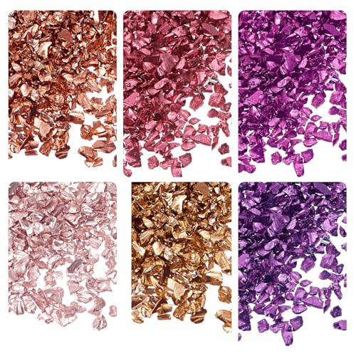 Kozelo 6 Farben Crushed Glass Chips - [1-4mm x 28g] Unregelmäßige metallische Glas Rot Lila Farbserie für DIY Dekoration Nagelkunst, elektroplattierte Oberfläche von Kozelo