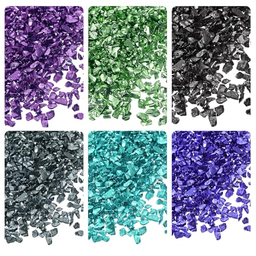 Kozelo 6 Farben Crushed Glass Chips - [1-4mm x 28g] Unregelmäßige metallische Glasgrün-Serie für DIY-Dekoration, Bastelarbeiten und Nagelkunst, elektroplattierte Oberfläche von Kozelo