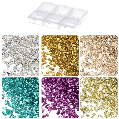 Kozelo 6 Farben Zerkleinertes Glasstücke - [1-3mm x 33g] Unregelmäßige metallische Glasfarben für Dekorationen, Nagelkunst, elektroplattierte Oberfläche von Kozelo