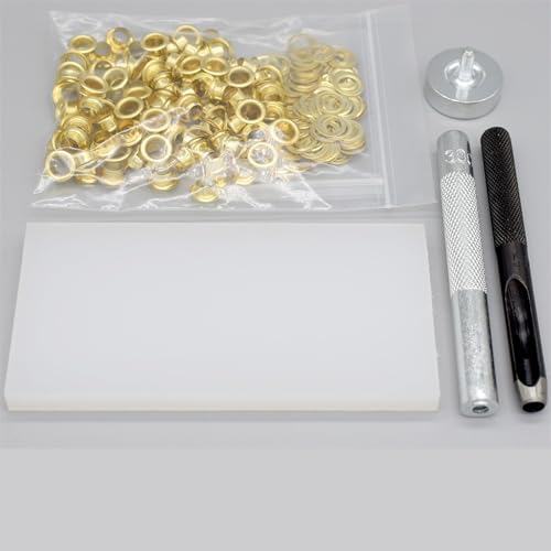 Ösenstanzer-Set, 100 Sets, Ösen, Ösen und das passende 3-in-1-Befestigungswerkzeugset inklusive Metallstanzer, Hammer, Kleiderzubehör (Größe: Gold, 5 mm) von KraNx