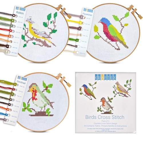 Kraftex Kreuzstich-Set mit Vogelprägung für Anfänger, 3 Stück, DIY Stickerei, Nadelspitzenmuster für Erwachsene und Kinder, einfache Kreuzstich-Sets für Anfänger von Kraftex