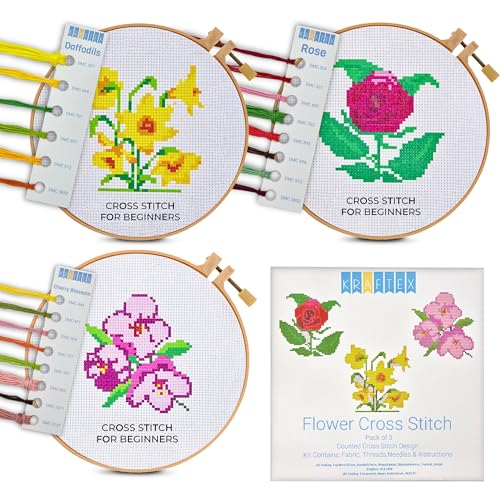 Kraftex Kreuzstich-Sets mit Blumenprägung für Anfänger, 3 Stück, DIY Stickerei, Nadelspitzenmuster für Erwachsene und Kinder, einfache Kreuzstich-Sets für Anfänger von Kraftex