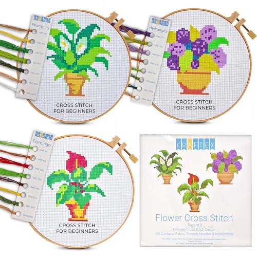 Kraftex Kreuzstich-Sets mit Blumenprägung für Anfänger, 3 Stück, DIY Stickerei, Nadelspitzenmuster für Erwachsene und Kinder, einfache Kreuzstich-Sets für Anfänger von Kraftex