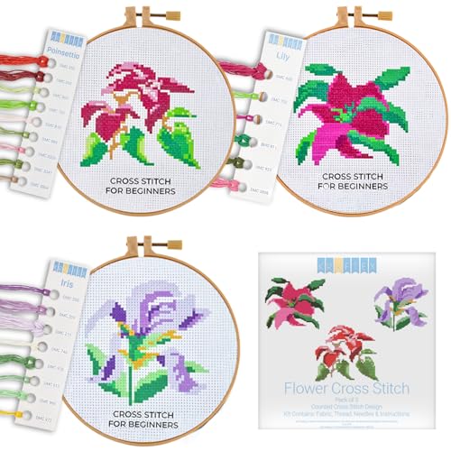 Kraftex Kreuzstich-Sets mit Blumenprägung für Anfänger, 3 Stück, DIY Stickerei, Nadelspitzenmuster für Erwachsene und Kinder, einfache Kreuzstich-Sets für Anfänger von Kraftex