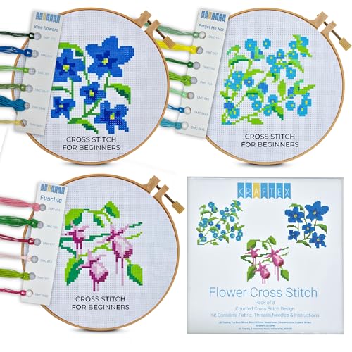 Kraftex Kreuzstich-Sets mit Blumenprägung für Anfänger, 3 Stück, DIY Stickerei, Nadelspitzenmuster für Erwachsene und Kinder, einfache Kreuzstich-Sets für Anfänger von Kraftex