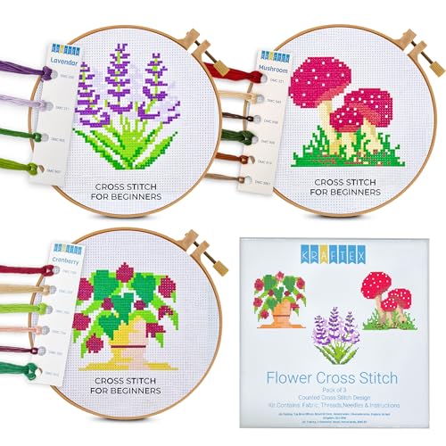 Kraftex Kreuzstich-Sets mit Blumenprägung für Anfänger, 3 Stück, DIY Stickerei, Nadelspitzenmuster für Erwachsene und Kinder, einfache Kreuzstich-Sets für Anfänger von Kraftex