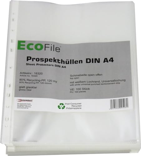 Prospekthülle A4 / 100 Stück/nachhaltig aus Post-Consumer-Recycling PP 120 my glatt glasklar super stark, mit Abheftrand, Schmalseite oben offen – (120my) von Kranholdt