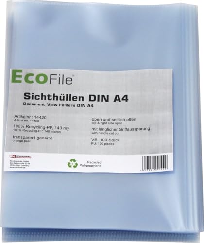 Sichthüllen Aktenhüllen / 100 Stück / A4 nachhaltig, extra stark, Recycling-PP 140 my, mit Griffaussparung, oben und seitlich offen, Farbe: transparent genarbt von Kranholdt