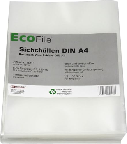 Sichthüllen Aktenhüllen A4 / 100 Stück/nachhaltig aus Post-Consumer-Recycling PP 120 my transparent, oben und seitlich offen (Transparent genarbt) von Kranholdt