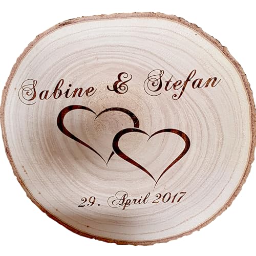 Baumscheibe mit Gravur Name und Datum Hochzeitstag Jahrestag Geburtstag Geschenkidee Brautpaar Hochzeitsgeschenk dekorativ Personalisierte Holzscheibe (Baumscheibe 20-24 cm - Doppelherz) von Krause & Sohn