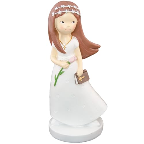 Kommunion Deko Tortenfigur für Kommunionskuchen Mädchen Junge weiß Dekoration Tisch-Deko Party Dekoration (Mädchen mit langen Haaren & Blume) von Krause & Sohn