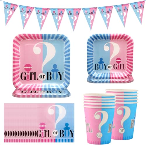 KreEzi Gender Reveal Party Deko Geschirr Set, Party Supplies Tableware, Gender Party Geschirr Pappteller Servietten Becher Boy or Girl Deko Partyzubehör (51pcs/10 Guests) von KreEzi