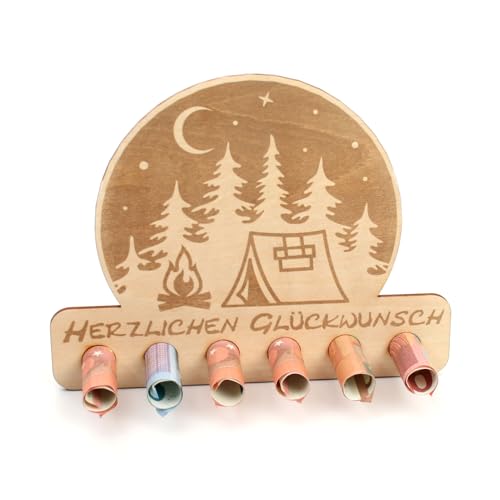 Kreative Feder Geldgeschenk für Hobby & Freizeit - Geldscheinhalter aus Holz in originellem Design mit 6 Löchern für Geldscheine (Camping) von Kreative Feder