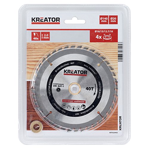 KRT020405 HSS Kreissägeblatt Holzsägeblatt Ø140 x 20 x 2mm 40 Zähne für Holz + 4 Reduzierringen von Kreator