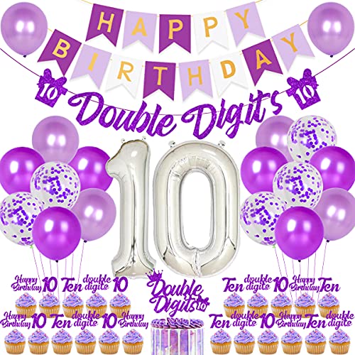 10. Geburtstag Dekorationen für Mädchen lila doppelstellige Banner Kuchen & Cupcake Topper 10 Geburtstag Girlande Zahl 10 Folienballon Konfetti Ballon für süße 10 Geburtstag Dekorationen Zubehör von Kreatwow